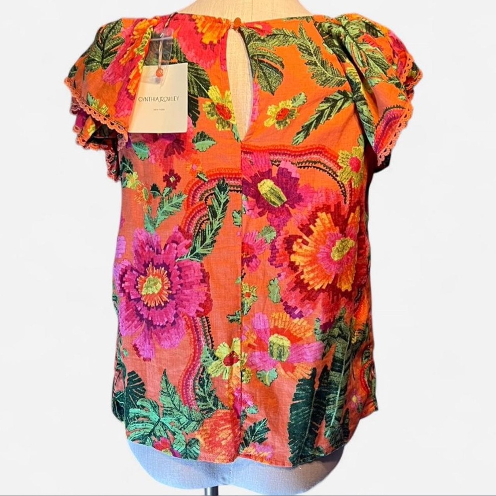 🧡Cynthia Rowley Orange Floral Linen Short Sleeve Blouse - Picture 2 of 5